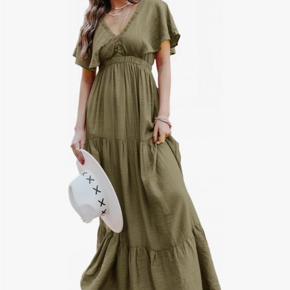 Amegoya women’s casual short sleeve vneck boho flowy ruffle long dress - xl